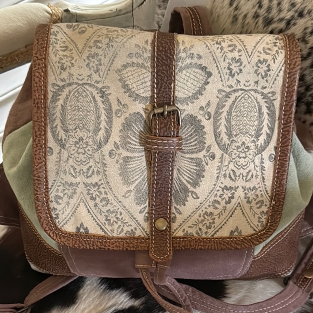 Brown And Cream Patterned Myra Backpack With Leat… - image 1